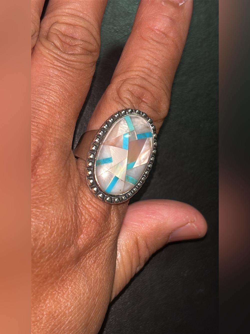 Carolyn Pollack Sterling Silver Mother-of-Pearl and Turquoise Inlay Oval Ring